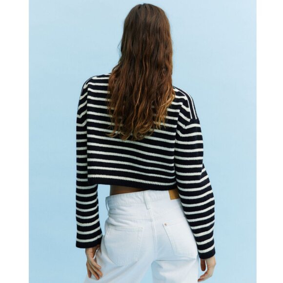 H&M Cropped Sweater Size M Wool Blend Black White Striped Crew Neck Long Sleeves - Picture 8 of 14